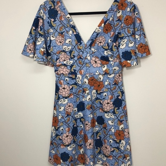 Zara V Neck Back Blue‎ Floral Ruffle Sleeve Small - Picture 2 of 6